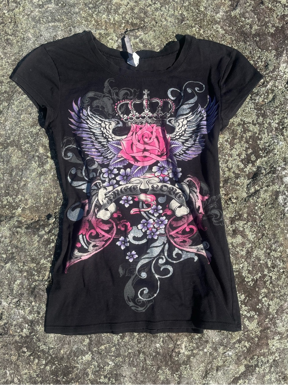 SOLD Black Short Sleeve Graphic Baby Tee with Pink Rose and Wings Goth Emo Punk